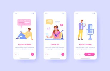 Podcast onboarding. Broadcast mobile app phone screen ui design, people listen or record music radio, audio vlogger speech listeners concept, player interface vector illustration