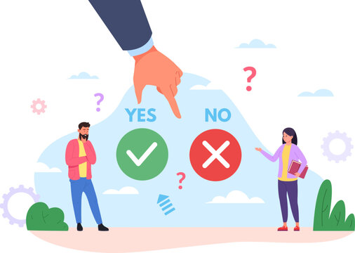 People choosing yes no button. Opportunity convince concept, hand ready click ok two person choice decision making process answer false or true correct opinion vector illustration