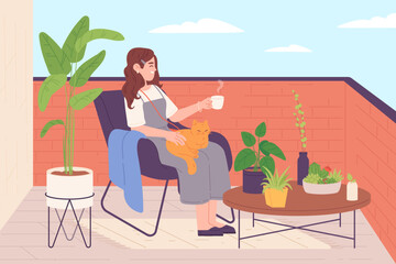 Woman on terrace. Alone girl relax on home terrace or balcone with house garden plant and cat, hygge rest at hotel verand, women enjoy beautiful green nature vector illustration