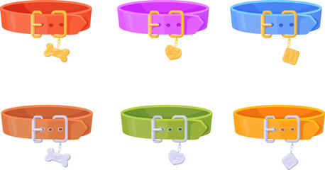 Leather pets collars. Puppy dog or cat pet collar with golden color locket, canine belt for training, kitten necklace clasps and tags animal accessories, neat vector illustration