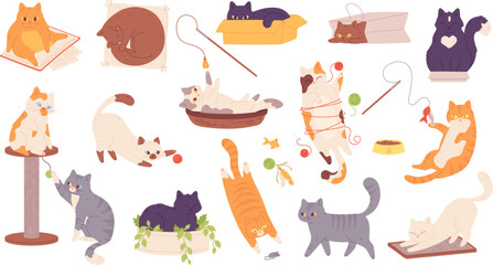 Doodle playing cats. Funny kitten characters, cute cat play with ball or box, kawaii lazy home pet adorable kitty sleep lying crazy sticker collection garish vector illustration © ssstocker