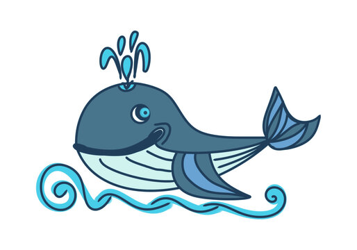 Whale on the waves, cartoon character, color drawing, on a transparent background, for design and print