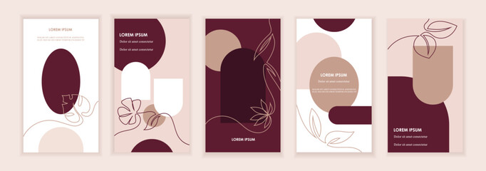 Set of natural style templates for banners, flyers, stories, brochures, web and social media posts.  Foliage, plants abstract shapes. Beautiful line art. Vector flat illustrations. EPS 10