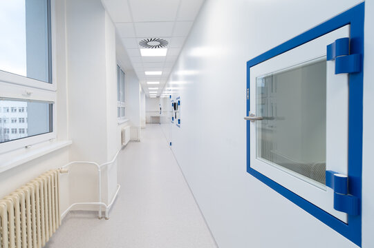pharmaceutical corridor with LED lighting, window, radiators - horizontal