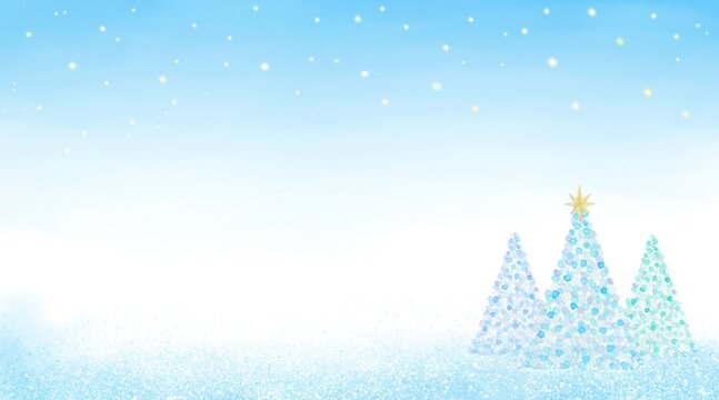 水彩で描いたクリスマスツリーと雪降る星空の風景。冬やクリスマス用の背景素材。