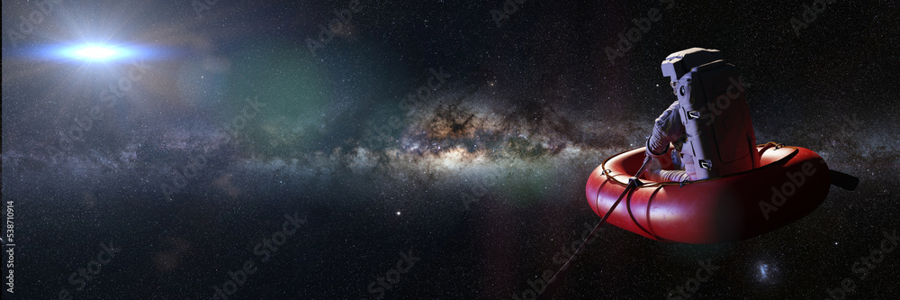 Wall mural astronaut in rubber boat, surreal background banner with empty space