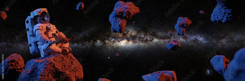 Sticker astronaut meditating on asteroid, background banner with empty space