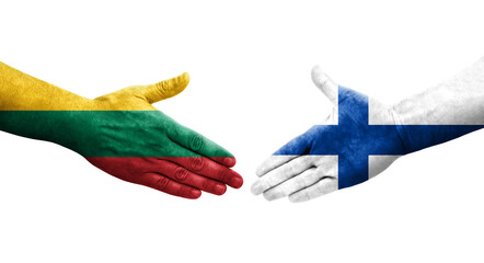 Handshake between Finland and Lithuania flags painted on hands, isolated transparent image.