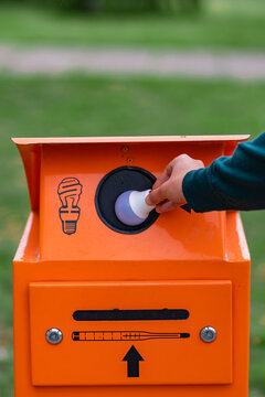 Light bulbs recycle bin. Fluorescent bulb recycle. Recycling center. Household hazardous waste