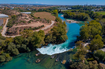 Aerial top view Manavgat waterfall Antalya, Turkey drone photo