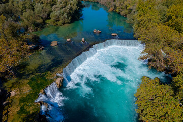 Aerial top view Manavgat waterfall Antalya, Turkey drone photo
