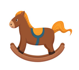 Wooden Rocking Horse Vintage Toy Isolated On White Background. Old Retro Plaything For Kids Games, Traditional Pony