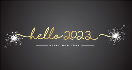 Hello 2023 New Year gold handwritten line design typography white sparkle firework on black background banner © simbos