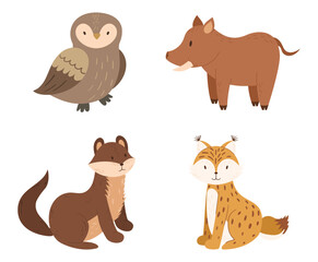 Set of Forest Animals Owl, Lynx, Boar, Ferret or Weasel Kawaii Personages, Funny Wildlife Isolated on White Background