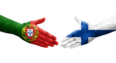 Handshake between Finland and Portugal flags painted on hands, isolated transparent image.