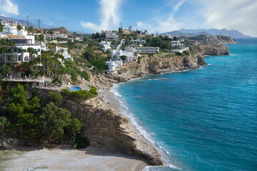 Panoramic view of the coast at Caleta de Villajoyosa beach, Spain.