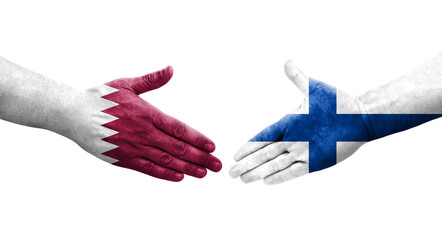 Handshake between Finland and Qatar flags painted on hands, isolated transparent image.