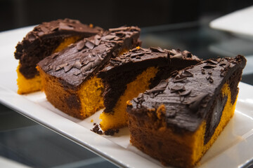 Assortment of cakes, pastries and pastries in the cafe window