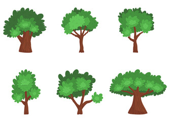 Set Of Cartoon Green Forest Or Garden Trees. Isolated Game Assets, Decorative Landscape Plants And Shrubs. Natural Park