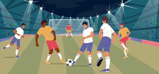 Soccer Tournament On Stadium, Football Player Teams Wear Uniform Playing Game On Field With Gates, Light And Tribune