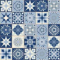 Spanish style blue ceramic tiles, classic symmetrical pattern for wall decoration, vector illustration