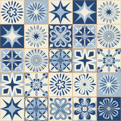 Azulejo blue spanish portuguese style ceramic tiles, vintage symmetrical pattern for wall decoration