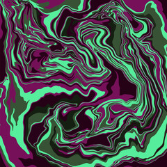 Fluid art texture. Abstract background with swirling paint effect.  Liquid acrylic picture that flows and splashes. Mixed paints for interior poster. green, purple and black iridescent colors.