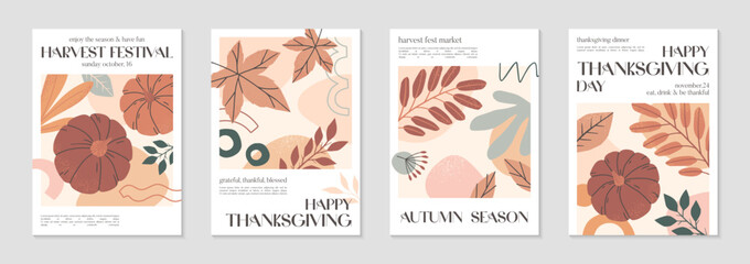Autumn harvest festival posters with pumpkins,foliage and copy space for text.Farmers autumn market covers for invitations,social media marketing,greetings,brochure.Harvest fest vector illustrations