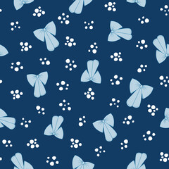 Christmas Blue Bows and Scattered White Dots Surface Design Textiles Seamless Repeat Pattern Design on Blue Background