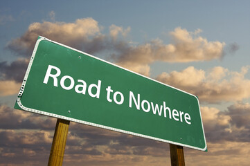Road to Nowhere Green Road Sign Under Golden Cloudy Skies