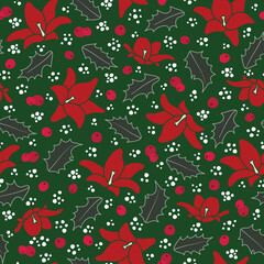 Red Christmas Flowers with Scattered Holly and White Dots Surface Design Textiles Seamless Repeat Pattern Design on Green Background