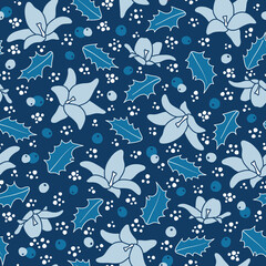 Blue Christmas Flowers with Scattered Holly and White Dots Surface Design Textiles Seamless Repeat Pattern Design on Blue Background