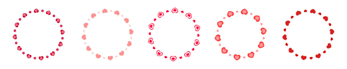 Set of round frames with hearts and flowers. Collection of templates for Valentine day card, wedding invitation, photo, picture, banner, sticker. Vector flat illustration