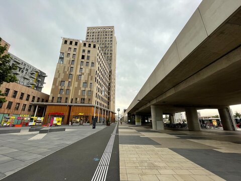 Vienna Austria Aug.16 2020, The HoHo wooden apartment tower at the new district Seestadt Aspern with beautiful eco-friendly buildings
