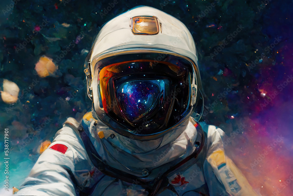 Canvas Prints illustration of astronaut taking selfie in the outer space and planet earth on background. ai genera