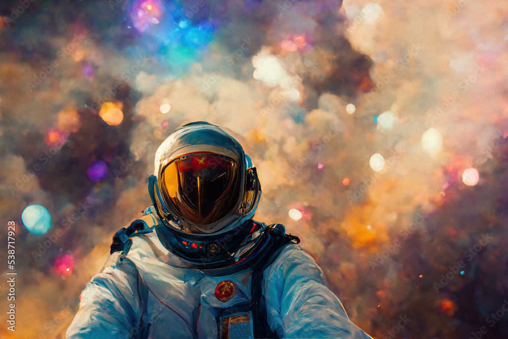 Wall mural illustration of astronaut taking selfie in the outer space and planet earth on background. ai genera