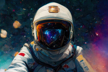 illustration of astronaut taking selfie in the outer space and planet earth on background. Ai generated image is not based on any real image or character