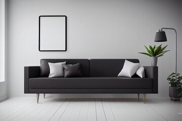 Modern scandinavian home interior with mock up photo frame, design wooden commode, black sculpture, tropical leaf, gray sofa and personal accessories. Stylish home decor. Template. Ready to use.