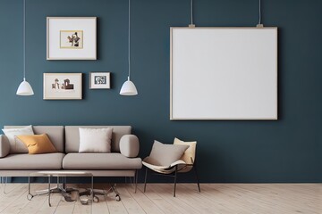 mock up poster frame in modern interior background, living room, Scandinavian style, 3D render, 3D illustration