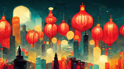 The traditional red lanterns illuminated at night during a Chinese new year. Chinese culture. AI created a digital art illustration