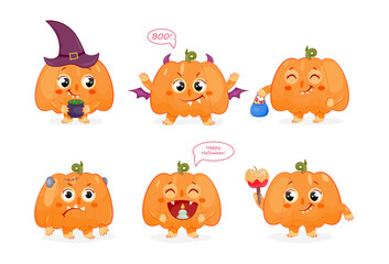 Set of cute pumpkin monsters. Stickers with funny Halloween characters with bat wings, witch hat and candies. Design elements for holiday. Cartoon flat vector collection isolated on white background