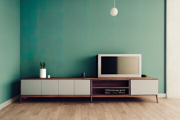 TV cabinet and display with on wood flooring and pastel green wall, minimalist and vintage interior of living room, ,3d rendering