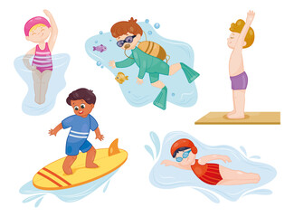 Water sports with children. Set of cute boys and girls swimming, diving, surfing and jumping. Workout or active lifestyle for preschoolers. Cartoon flat vector collection isolated on white background