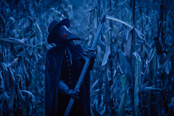 Plague doctor gothic woman with sharp scythe at night in thickets of corn field. Creepy raven mask,...
