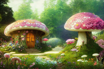 Children digital illustration, magic elven house with fairy tale mushrooms and flowers, fairyland wallpaper, printable beautiful painting. AI created a digital art illustration - obrazy, fototapety, plakaty