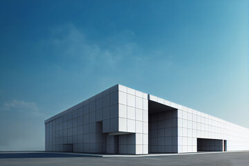 A large white building with sharp corners in a minimalistic style.