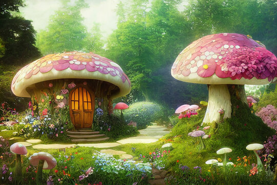 Children digital illustration, magic elven house with fairy tale mushrooms and flowers, fairyland wallpaper, printable beautiful painting. AI created a digital art illustration