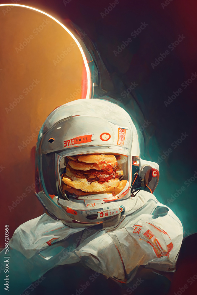 Wall mural burger dressed as an astronaut in outer space. comedy analogy for fast food ads. ai created a digita
