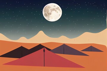Empty desert camp landscape at night. Arabian style tent with pillows stand in mountain desert, cactus plant and full moon on the background. Cartoon flat 2d illustration. - obrazy, fototapety, plakaty