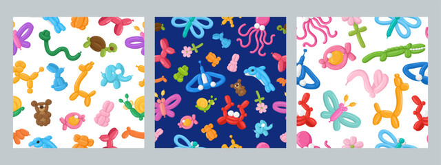 Fototapeta na wymiar Cartoon balloon animals seamless patterns. Birthday party animal shaped balloon print flat vector background illustrations. Animals balloon patterns collection
